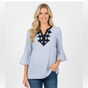 Sharagano blue striped tunic top size small